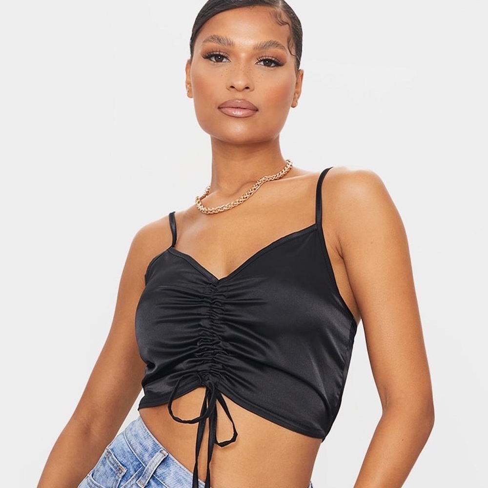 COPY - BLACK SATIN RUCHED FRONT CROP TOP